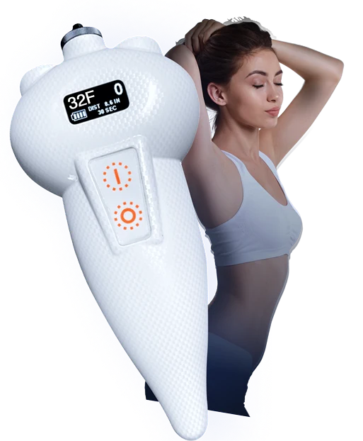 Handheld cryotherapy device beside a woman stretching