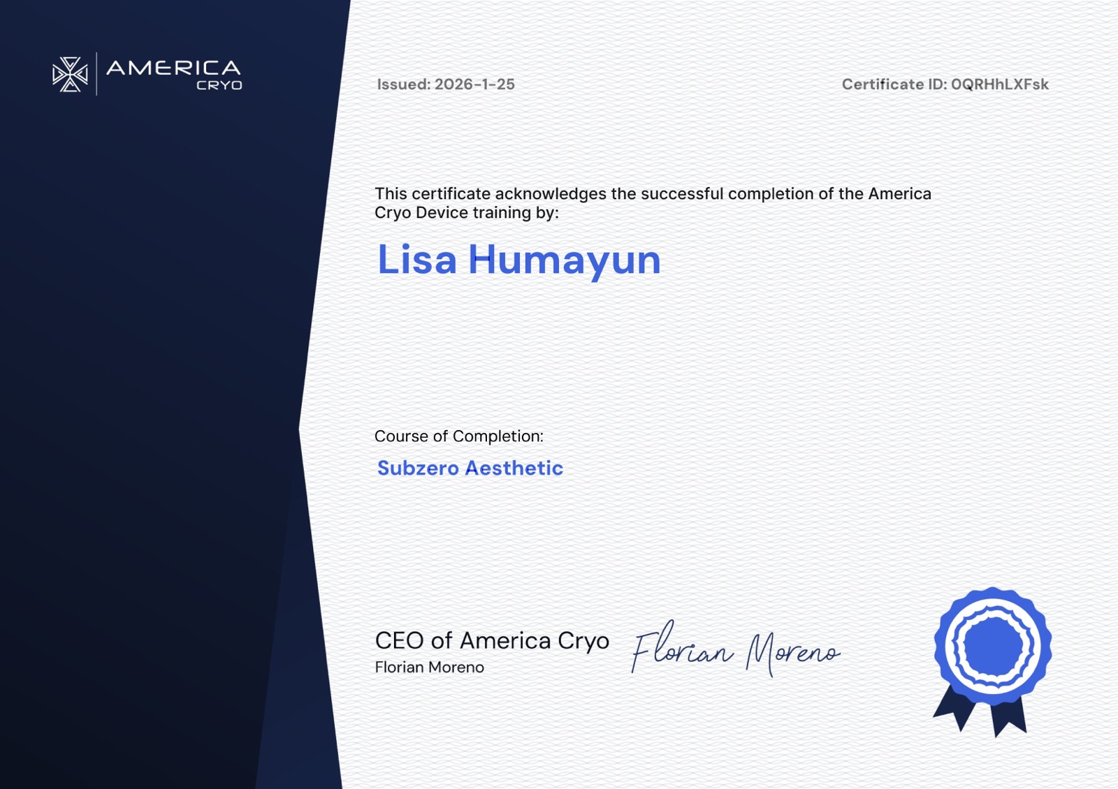 America Cryo certificate awarded to Lisa Humayun for completing Subzero Aesthetic device training, issued January 25, 2026.